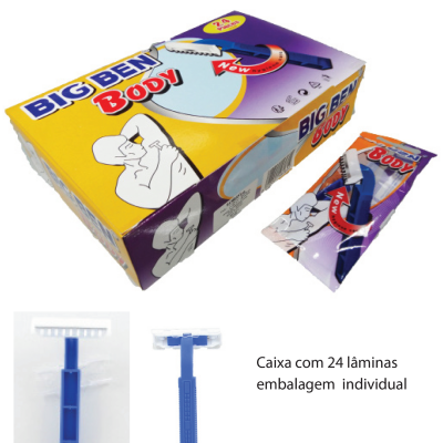 Lâminas descartáveis BIG BEN Body azul e branco com embalagem amarela e roxa