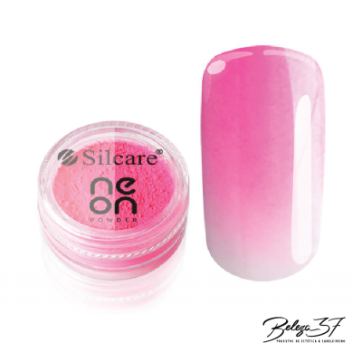 Pó de unhas rosa neón Silcare com amostra de unha em degradê rosa e branco