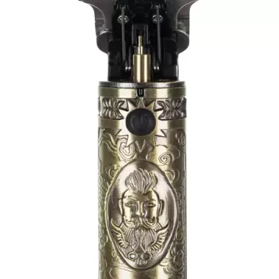 Máquina de barbear elétrica dourada gravada com rosto masculino e detalhes florais