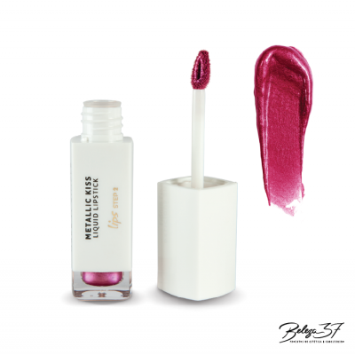 batom líquido metálico rosa brilhante com embalagem branca e aplicador