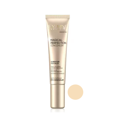 Corrector de olheiras Magical Perfection da Eveline Cosmetics, embalagem bege perolada com tampa dourada