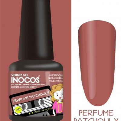 Verniz gel Inocos nude amêndoa com rótulo e amostra da cor