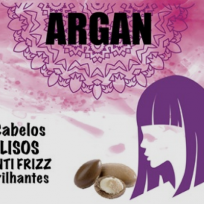 Promoção de produto capilar ARGAN para cabelos lisos, anti frizz e brilhantes com imagem de noz de argan e desenho feminino