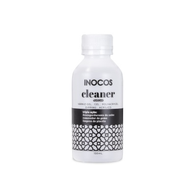 Frasco plástico branco do produto INOCOS cleaner para unhas em fundo branco