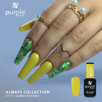 Unha com verniz gel amarelo e glitter verde Purple Professional