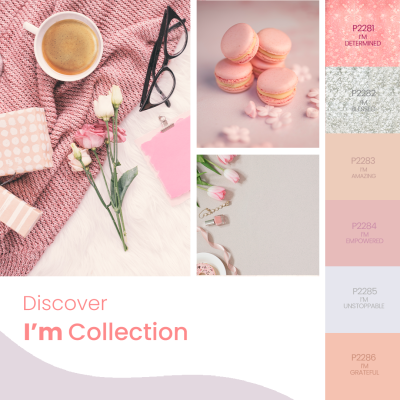 Composição de fotografias com café, flores, macarons e paletas de cores em tons pastel e rosa