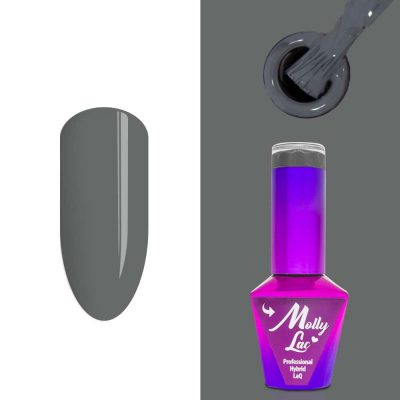 Verniz de unhas Molly Lac roxo com unha cinza opaco e pincel aplicador.