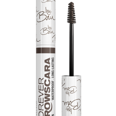 Máscara para sobrancelhas branca com aplicador e texto em marrom