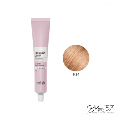 Tubo rosa de coloração permanente andreia com amostra de cor loiro dourado 9.34