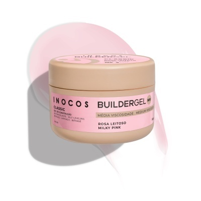 Embalagem redonda bege com rótulo rosa do gel de construção Inocos Buildergel Classic