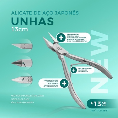 Alicate metálico para unhas com 13cm em fundo verde água