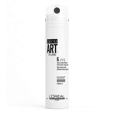 Frasco branco de spray de cabelo L'Oréal TECNI ART PURE 6-FIX