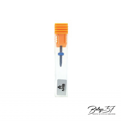 Broca para unhas azul em caixa transparente com tampa laranja e logótipo MGS