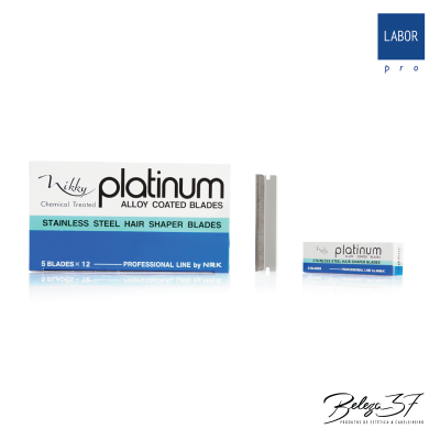 Caixa e lâmina para barbear Nikky platinum com texto em branco, azul e preto