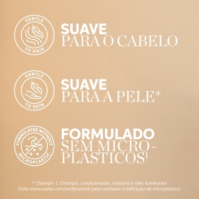 Selos e texto sobre suavidade para cabelo e pele e ausência de microplásticos em produto cosmético