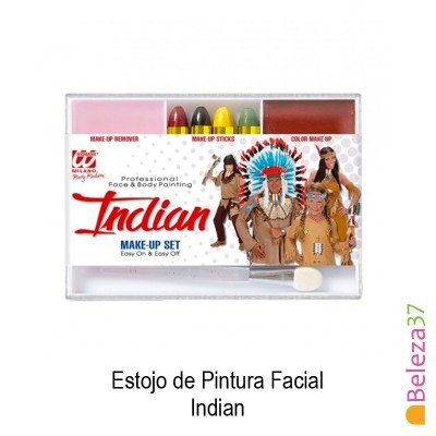 Estojo de pintura facial Indian com vários produtos de maquilhagem e imagens de fantasias de índios