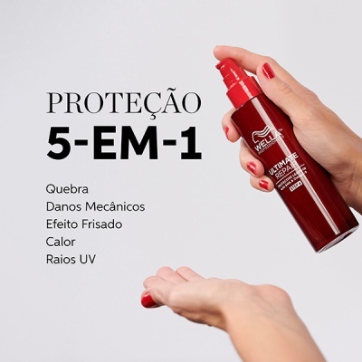 Produto Wella Ultimate Repair em embalagem vermelha sendo segurado por mãos femininas com unha vermelha e texto promocional ao lado.