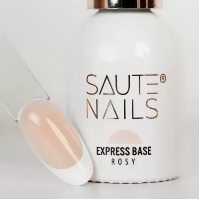 Frasco branco de base para unhas com amostra de unha artificial rosada e branca
