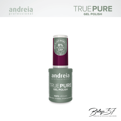 Frasco de verniz gel TRUE PURE da andreia professional com tampa roxa e texto 0% PLASTIC CAP