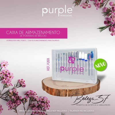 Caixa transparente de armazenamento para ponteiras de brocas com várias ponteiras coloridas e texto informativo