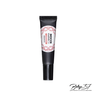 Tubo preto de gel de silicone INOCO Orange com rótulo branco e padrão cor-de-rosa