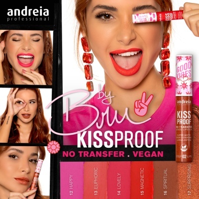 Promoção de batons kissproof veganos da andreia professional com vários tons em embalagem rosa e modelo a sorrir usando batom vermelho
