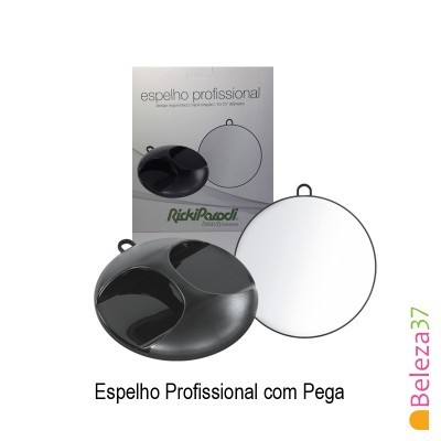 Espelho profissional redondo preto com pega em plástico e vidro, embalagem com texto