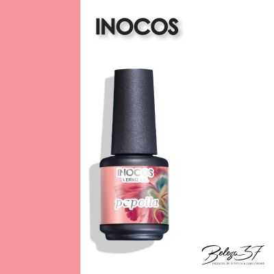 Frasco de verniz gel INOCOS com rótulo rosa e tampa preta