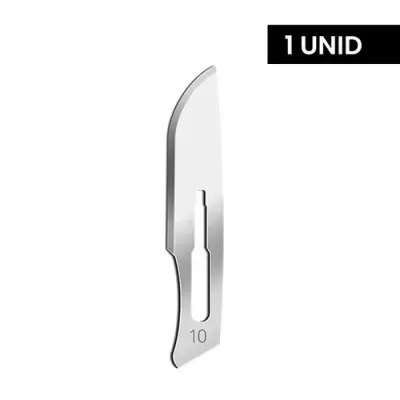 Lâmina de bisturi metálica número 10 com fundo branco e texto '1 UNID'