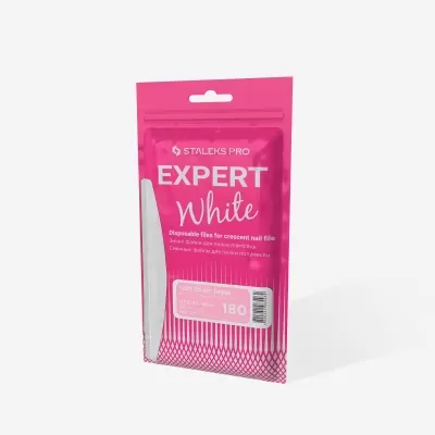 Pacote rosa Staleks Pro Expert White com lima de unha branca visível ao lado