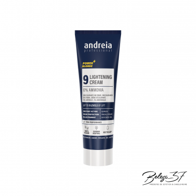 tubo azul escuro de creme clareador Andreia Professional Power Blonde 9 com texto em preto e amarelo