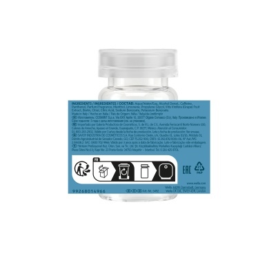 Frasco transparente com comprimidos e etiqueta azul com ingredientes