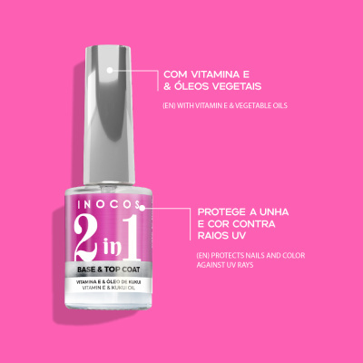 Frasco de verniz para unhas INOCOS 2 em 1 base e top coat com tampa metálica prateada