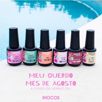 Seis frascos coloridos de verniz gel INOCOS junto a piscina