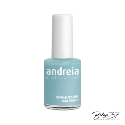 Frasco de esmalte de unhas azul claro com tampa branca e texto branco