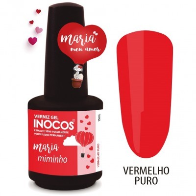 Verniz gel INOCOS vermelho puro com rótulo decorado a corações e balão