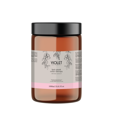 Frasco de máscara capilar colorida VIOLET com rótulo cinzento e tampa preta