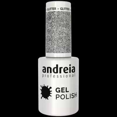Frasco branco de verniz em gel Andreia Professional com tampa glitter prateada