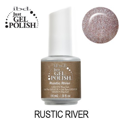 Frasco de verniz gel Rustic River da ibd com tampa branca e rótulo castanho cintilante