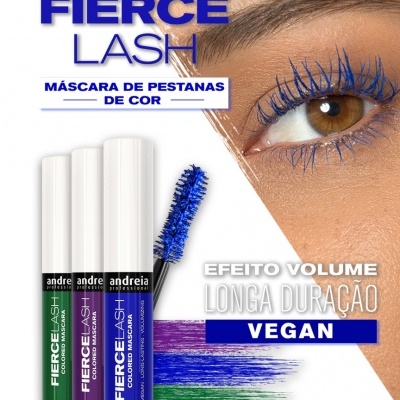 Máscara de pestanas colorida FIERCE LASH com efeito volume e longa duração, vegan, com pestanas azuladas e tubos coloridos