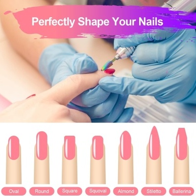 Ferramenta elétrica a modelar unha rosa com várias formas de unhas ilustradas em baixo