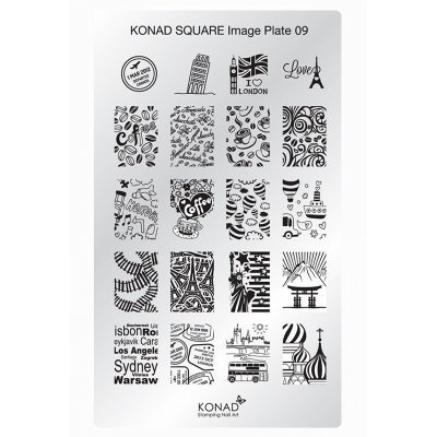 Placa quadrada branca para carimbo de unhas com desenhos em preto variados e texto