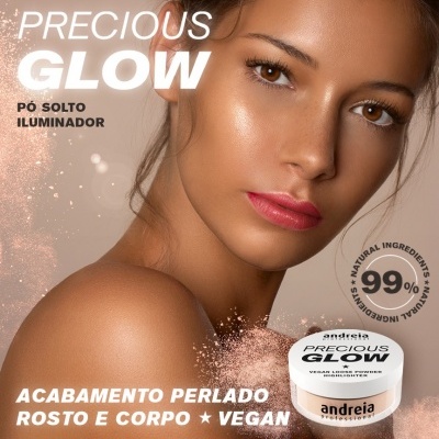 Imagem publicitária de iluminador em pó solto Andreia Professional PRECIOUS GLOW para rosto e corpo