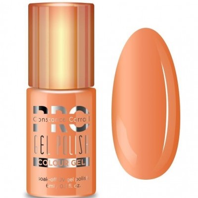 Verniz gel cor de pêssego com amostra da cor e frasco com rótulo