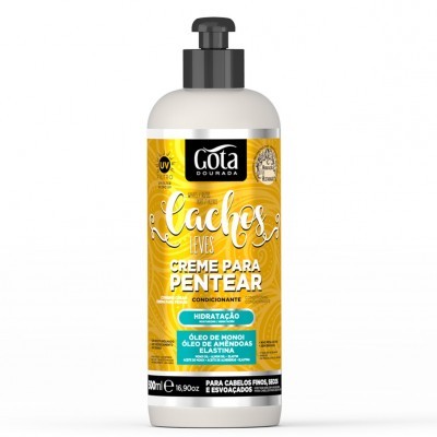 Frasco amarelo de creme para pentear Gota Dourada com doseador