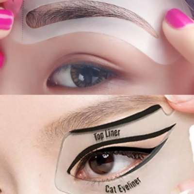 Stencil transparente para sobrancelha e delineador aplicados perto dos olhos