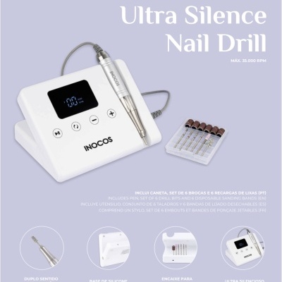 Kit de broca elétrica para unhas INOCOS Ultra Silence Nail Drill com base branca e acessórios
