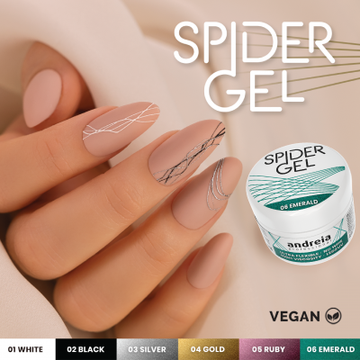 Unhas com verniz nude decoradas e frasco de Spider Gel 06 Emerald com rótulo verde