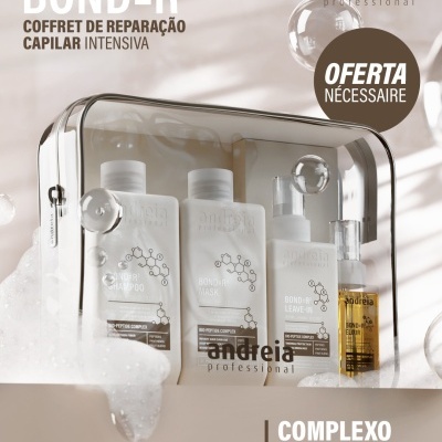 Conjunto de cuidados capilares Andréia Professional BOND=R³ com shampoo, máscara, leave-in e elixir numa embalagem transparente