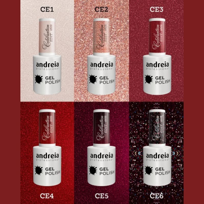 Seis frascos de verniz de gel Andreia Professional, cores variadas, tampas correspondentes, texto Celebration EDIT